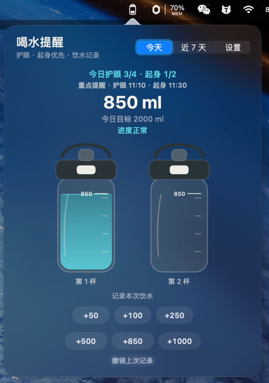 半透明深蓝色喝水提醒今日界面叠在 macOS 桌面背景上，显示 850 毫升饮水、护眼 3/4 和起身 1/2